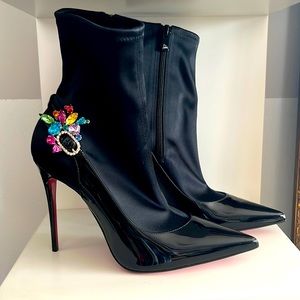 Louboutin Jessie Booty Joli 100 patent heel bootie black embellished 38 leather